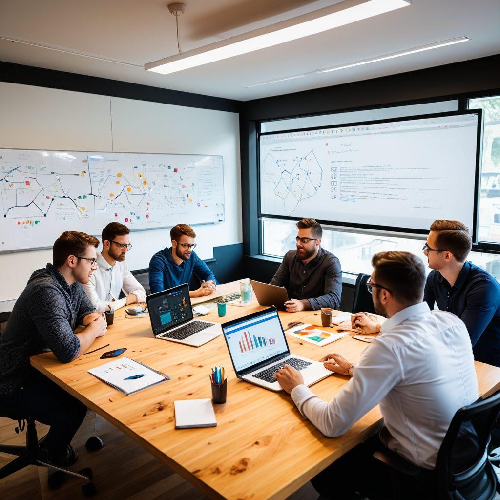 A diverse team of developers and designers collaborating around a table with laptops, sketching web platform ideas on a whiteboard. The background shows a progress timeline from concept to launch, with icons representing different stages like brainstorming, coding, testing, and deployment. Modern office environment with natural light. Super-realistic. Vibrant colors.