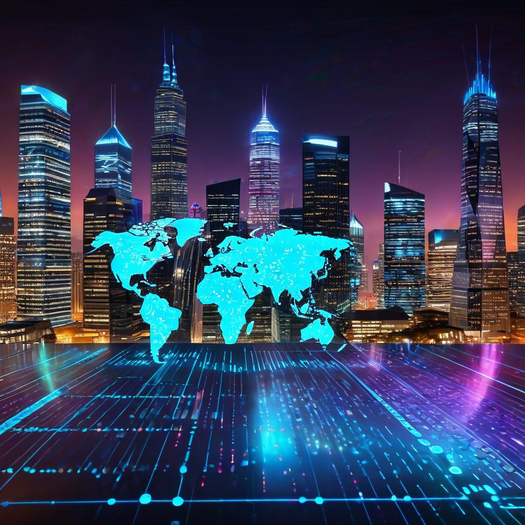A sleek and modern digital footprint made of glowing binary code, integrated into a dynamic, interactive website with vibrant elements of SEO analytics, marketing icons, and growth charts. Futuristic cityscape in the background representing rapid technological advancements. Super-realistic. Vibrant colors. 3D.