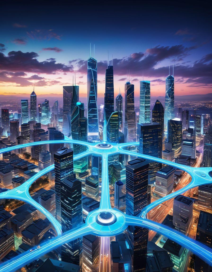 A vibrant, futuristic cityscape with interconnected nodes and digital pathways, representing seamless web services and online solutions. Bright holographic interfaces floating above buildings, with people engaging in dynamic virtual interactions. Elements like cloud icons, security locks, and data transfer arrows should be prominent. High-tech aesthetic with shades of blue and green. super-realistic. vibrant colors. 3D.